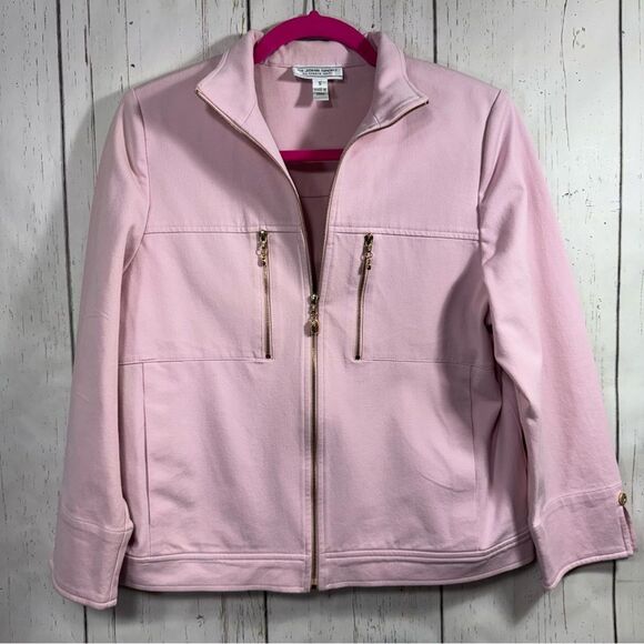 St John Sport By Marie Jacket Stretch Cotton Zipper Gold Detail Soft Pink Pocket - Picture 1 of 15